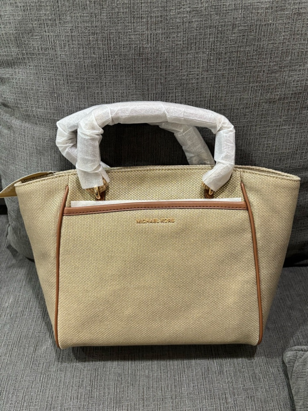 Michael Kors Talia Small Grab Natural Canvas Tote in Pale Gold with Brown Trim